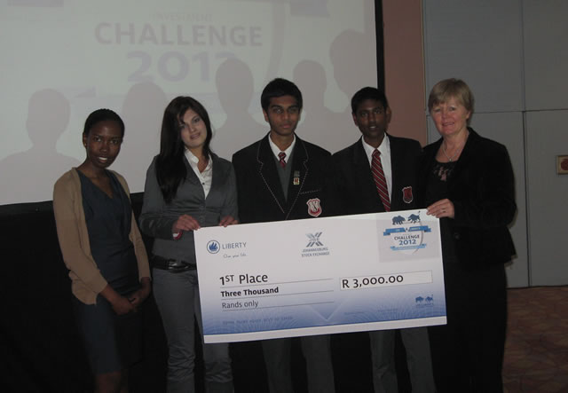 From left to right - Kopano Gumbi (Liberty), Hawa Moya (JSE), Team “Genius Investors are Back” from Maritzburg College - Yusuf Mahomed and Keyoolin Padayachee and teacher Jean Van Heeswijk. The team walked away with prizes for the Equity portfolio in March and April of this year.